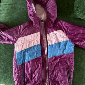 L.L. Bean Girls' Purple Hooded Puffer Jacket with Pink & Blue Chevron Panels